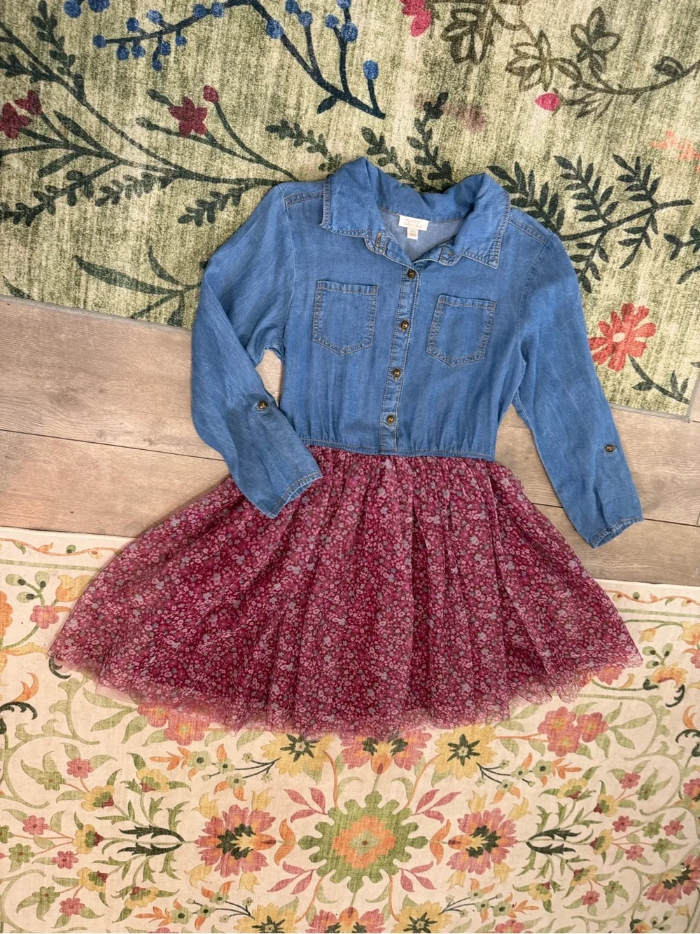Boutique Zenzi Girls Denim & Tulle Floral Dress Size Large